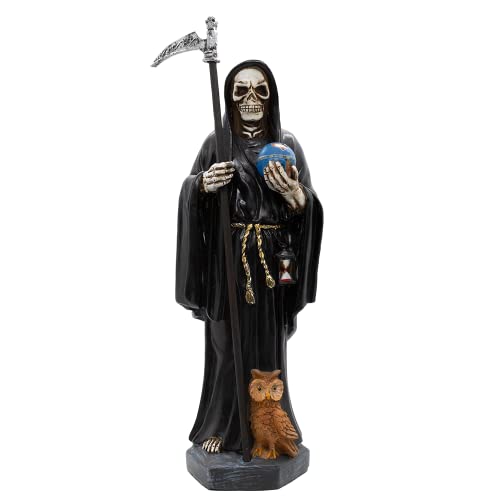 VILLAGE GIFT IMPORTERS Nuestra Se??ora de la Santa Muerte - Our Lady of a Holy Death - Skeleton Statue Robed in Black and Holding a Globe and Scythe with a Brown Owl at Her Feet - Home Decor