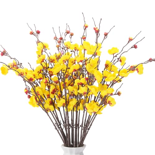 GrainBuds 20pcs Yellow Cherry Blossom Branches Artificial Flowers for Autumn Winte Indoor Decoration, 22??? Plum Fake Peach Plants for Wedding Home Office Bedroom Party Decor (Yellow, 22in)