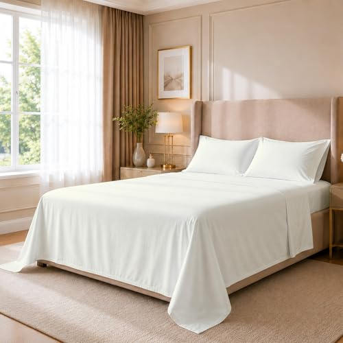 "Cottingon 4 Piece Olympic Queen Sheets, Soft Premium 100% Long Staple Egyptian Cotton, Super Queen Mattress Bedsheet Set, Fits Upto 15"" Deep Pocket 66""X80"", Ivory"