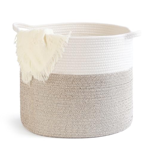 Loravou Small Round Woven Cotton Basket With Handle 9.5x9.5x7.1 in Cute Nursery Shelf Storage Basket Stitching Brown Beige Mixed Design Style 8.2L