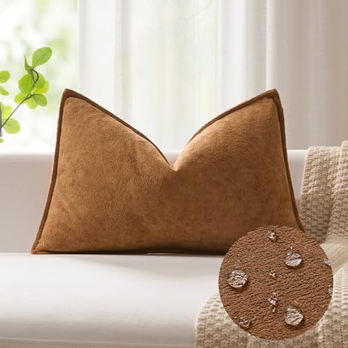 Kevin Textile 16x24 Inch Lumbar Pillow Cover 1 Pack Soft Boucle Textured Decorative Waterproof Rectangle Cushion Elegant Accent Pillow for Couch Sofa Chair Bed Home Decor Indoor Outdoor Brown
