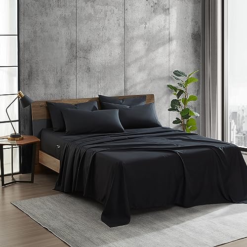 Kenneth Cole - Solutions Queen Sheets, Soft Recycled Polyester 6-Piece Bedding Set, Wrinkle-Resistant and Cooling Finish (Solid Black, Queen)