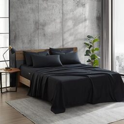 Kenneth Cole - Solutions Queen Sheets, Soft Recycled Polyester 6-Piece Bedding Set, Wrinkle-Resistant and Cooling Finish (Solid Black, Queen)