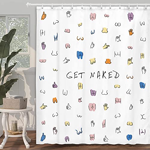 Funny Naked Shower Curtain for Bathroom, Human Body Butt Girl Woman Breast Boob Hand Set, Modern Abstract Art Minimalistic Aesthetic 70X70IN