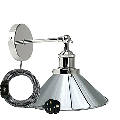 LEDSone Vintage Metal Cone Shade Wall Lights Adjustable Arm, LED E27 Lamp Base 2m Plugin Wall Sconce Lamp Fixture with Dimmer Switch for Bedroom Kitchen Dining Room