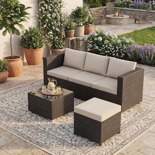 Garden Vida Hampton 4 Seater Corner Rattan Seating Set - Brown - Complete Outdoor Garden Patio Furniture Set - Steel Frame & PE Wicker Construction - UKFR Certified - Weather Resistant, With Cushions