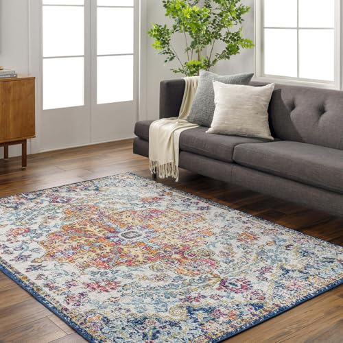 Livabliss Lou Asmara Vintage Rug - Area Rugs Living Room 140x200 cm, Dining Floor, Kitchen, Traditional Multicoloured Boho Style, Easy Care Pile, Bohemian Large Rug, Blue and Orange