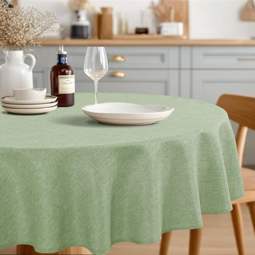 JIUZHEN Round Table Cloth Faux Linen Farmhouse Tablecloth Wrinkle and Stain Resistant Decorative Fabric Table Cover for Kitchen, Dining Room, Parties and Camping, Sage Green, 80 Inch Round