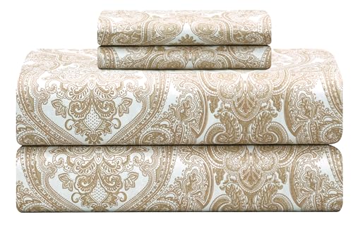 "Feather & Stitch Softest 100% Cotton Sheets, 4 Pc Set, 300 Thread Count Percale Weave Bedding, 16"" Deep Pocket, Cooling Sheets, Breathable Bed Set (Queen, Ivory Paisley)"