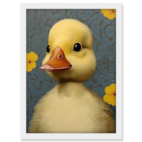 Artery8 Duckling with Flowers Oil Painting Kids Bedroom Baby Nursery Duck Artwork Framed A3 Wall Art Print