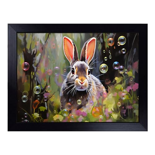 Lap Tray with Bean Bag Cushion, Rabbit Bubbles - Handmade in the UK, Raised Wooden Edge, Padded Cushion, Heat-Resistant Wipe-Clean Surface, for Meals, Laptops and Crafts