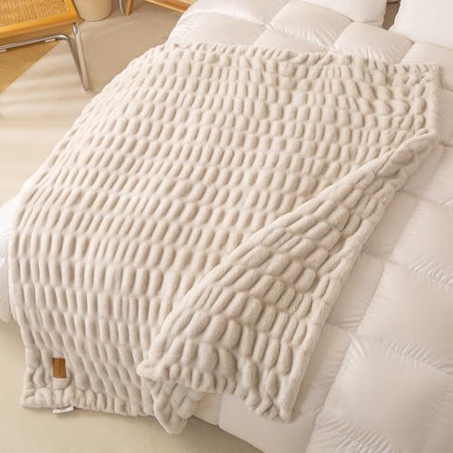 YUSOKI Luxury Double Side Faux Rabbit Fur Throw Blanket for Couch, Ultra Soft Fluffy Throw Gifts, Plush Thick Warm Luxury Decor Gifts for Home (Antique Ivory, Medium (50 X 60 inches))