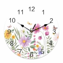 Wildflower Butterfly PVC Wall Clock Silent Non-Ticking Battery Operated Clocks, Spring Floral Round Clock for Home Living Room Office School Kitchen Bedroom Bathroom Wall Decor 10 Inch Summer Flowers