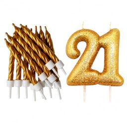 21st Birthday Gold Candle Kit, Glitter Number 21 Candle with 12 Metallic Spiral Cake Candles and Holders, Birthday Cake Decorations, Pack of 13