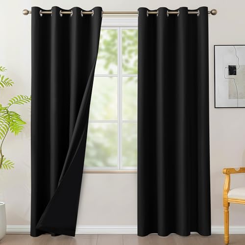 Bonzer 100% Blackout Curtains Thermal Insulated - Light Blocking Window Drapes with Black Laminated Backing, Privacy Protection Single Layer for Bedroom/Living Room, 54 x 84 Inch, Black, 2 Panels