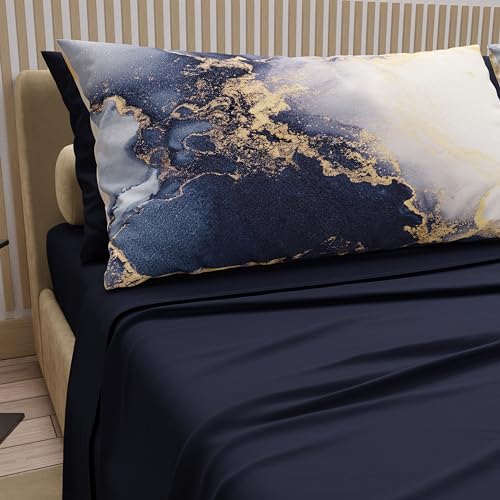 PETTI Artigiani Italiani - Cotton Sheets with Pillowcases in Digital Print, Pizza and a Half Bed Set, Midnight Blue, 100% Made in Italy