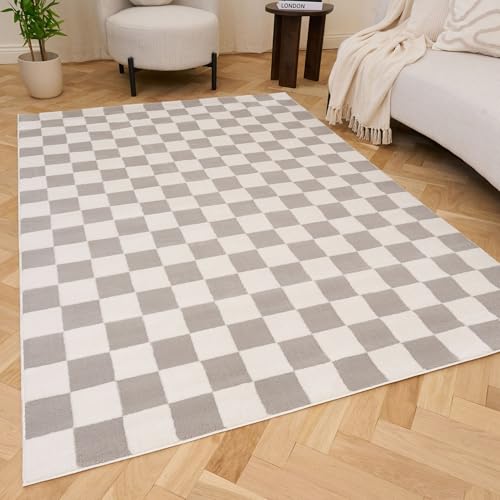 THE RUGS Living Room Rug, Loft Collection – Modern Textured 14mm Soft Pile Area Carpet, Non-Shedding & Easy Care [ Checkerboard Grey, 160x230 cm]