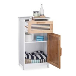 Relaxdays Narrow Bathroom Cabinet, Drawer, Natural Look, Height-Adjustable Shelf MDF, HWD: 70x40x28.5cm, White