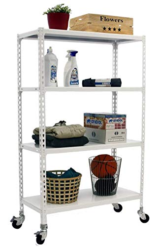 Simon Rack Garage Shelving Units with Wheels 1575x900x300 mm, 4 Tier Steel Rack, 75 kg per Shelf, White - Simonclick