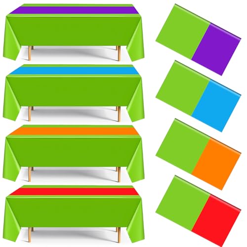 Dunzoom 4 Pack Cartoon Turtle Plastic Tablecloth 54 x 108 Inches Green Purple Red Orange Blue Cover Disposable Rectangle Table Runner for Birthday Party Outdoor Picnic Camping