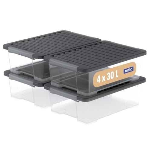Rotho Core Plus Storage Boxes with Lids 4 x 30 L Stackable Transparent - Food Containers, Food-Safe Material, Stackable Design, Stable Lid Closure, Transparent Boxes, QR-Code App Management