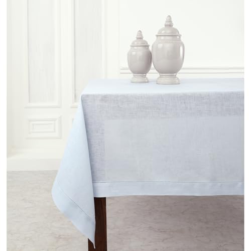 Solino Home Light Blue Linen Tablecloth 60 x 132 Inch - 100% Pure Linen Hemstitch Table Cloth for Rectangle Tables - Classic Hemstitch, Machine Washable Tablecloth for Christmas