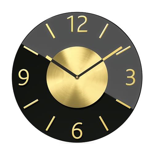 Mebus Quartz Wall Clock, Quiet Movement - No Tick-Tack Noise, Precise Quartz Movement, Glass and Elegant, 3D Aluminium Numerals, Aluminium Hands, Colour: Black Gold, 32 cm