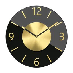Mebus Quartz Wall Clock, Quiet Movement - No Tick-Tack Noise, Precise Quartz Movement, Glass and Elegant, 3D Aluminium Numerals, Aluminium Hands, Colour: Black Gold, 32 cm