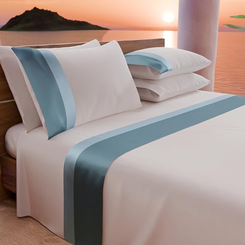 PETTI Artigiani Italiani - Double Bed Sheet Set with Double Satin Frill, 4 Pieces, 180 x 200 cm, Percale Cotton Sheets - Fitted Sheet, Top Sheet and 2 Pillowcases, Light Blue