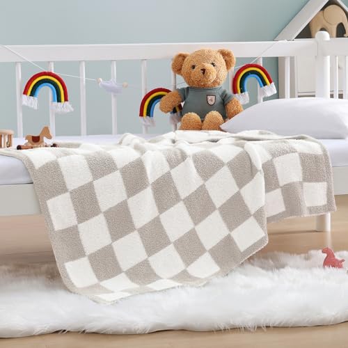 WRENSONGE Soft Checkered Throw Blanket for Couch-Cozy Warm Knitted Blankets - Lightweight Fluffy Decor for Boys & Girls, Sofa, Chair, Bed, 30x40in,Taupe