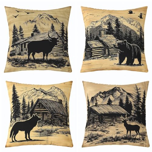 Feelyou Bear Throw Pillow Covers Set of 4 Rustic Bear Cushion Case Deer Hunting Decor Pillowcase Wolf Cow Farmhouse Yellow Green Black Yellow Black Indoor Outdoor