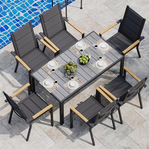 JUMMICO 6-Seater Garden Furniture Set, 150cm Wood Grain Table with 4 Stackable Aluminium Outdoor Chairs, Ideal for Patio, Garden & Poolside, Grey