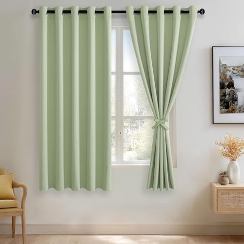 JIUZHEN Light Green Blackout Curtains with Tiebacks Thermal Insulated, Light Blocking and Noise Reducing Grommet Curtains for and Living Room, Set of 2 Window Curtain Panels, 60 x 63 Inch Length