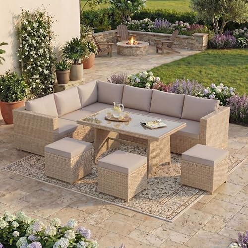 Garden Vida Belgrave 9 Seater Rattan Set With Cover - Natural - Outdoor Patio Garden Table Set - Steel Frame & PE Wicker - Weather Resistant, Tempered Glass, Cushions, Sofa Set, Stools + Cover