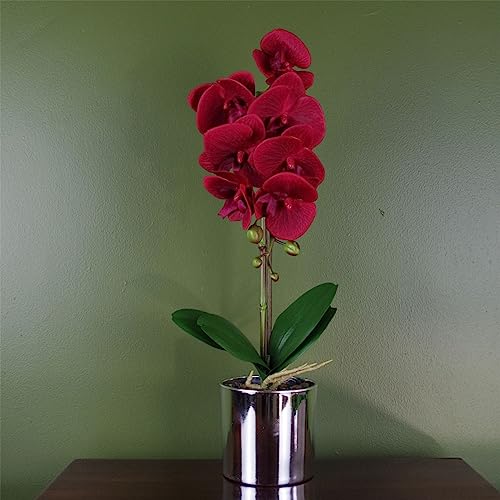 Leaf 46cm Artificial Orchid Red with Silver Pot