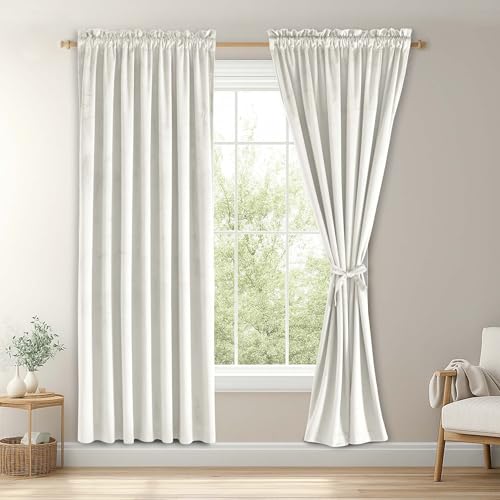 JIUZHEN Ivory Velvet Curtains 63 inches for Living Room - Privacy Protect Room Darkening Rod Pocket Thick Velvet Window Drapes for Bedroom/Dining Room, Set of 2 with Tiebacks, W42 x L63 inches