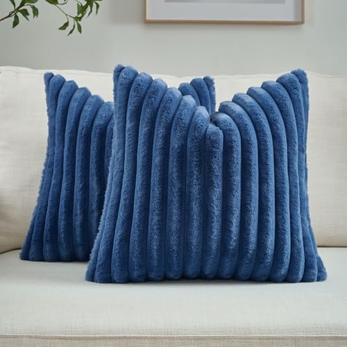 FUTEI Pack of 2 Fluffy Faux Fur Throw Pillow Covers 18x18 Inch Elegant Striped Textured Decorative Cushion Cases Modern Accent Pillow for Couch Bed Living Room, Navy Blue