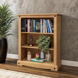 Mews Corona Small Bookcase with 3 Shelves Low Solid Mexican Pine Wood