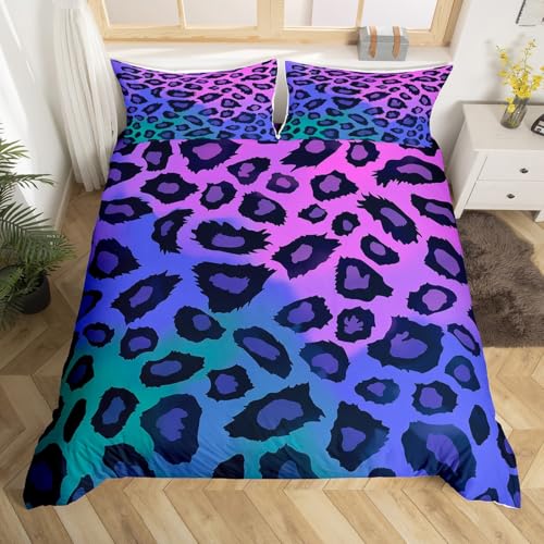 Cheetah Fur Bedding Set Full Size,Leopard Duvet Cover Set Kids Girls Women Adults Room Decor,Animal Skin Texture Comforter Cover 3Pcs,Blue Purple Wildlife Bedspreads Cover,2 Pillowcases(NO Comforter)