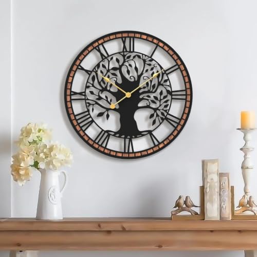 Micasso Large Wall Clock Decorative: 15 Inch Tree of Life Battery Operated - Modern Farmhouse Metal Wood Frame - Roman Numeral Clocks for Living Room/Home Office - Ideal for Anniversary or Holiday Gift