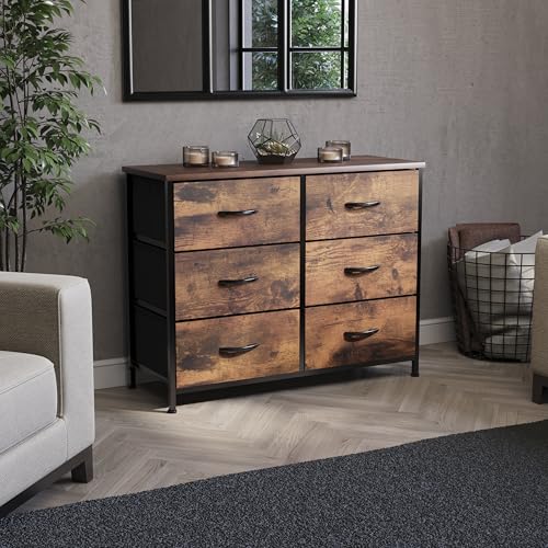 Vida Designs Chorley 6 Drawer Chest Of Drawers Fabric Storage Organizer Unit With Wood Top, Metal Frame & Handles - Ideal For Bedroom, Living Room, Nursery - Rustic Brown (UKFR Certified)