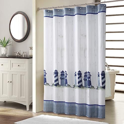 "BESTRIPES Long Fabric Shower Curtain, Blue Gray Nautical Lighthouse Shower Curtain for Bathroom, Waterproof Polyester Bathroom Curtains, 72"" W x 78"" H"