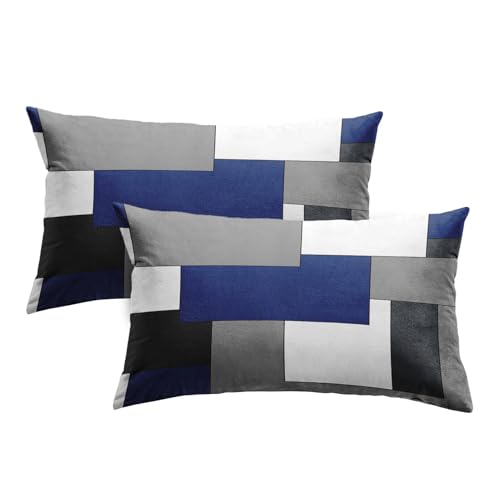 Emvency Set of 2 Dark Blue Geometric Throw Pillow Cover Black Grey White Painting Abstract Checkered Design Decorative Pillow Case Modern Home Decor Standard Square 12x20 Inch Cushion Pillowcase