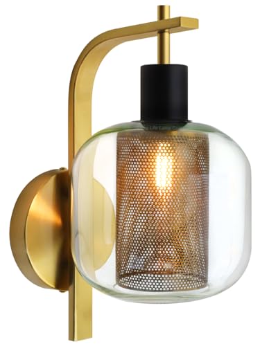 Antique Brass Wall Light Sconce Clear Glass Lamp Shade Industrial Mesh Wall Light Lantern Single H3126