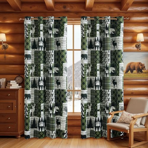 Dark Green Christmas Rustic Cabin Curtains 2 Panels Country Curtain 50% Light Blocking Darkening Grommet Window Treatments Farmhouse Patchwork Plaid Decorative for Living Room Bedroom, 52x84 inches