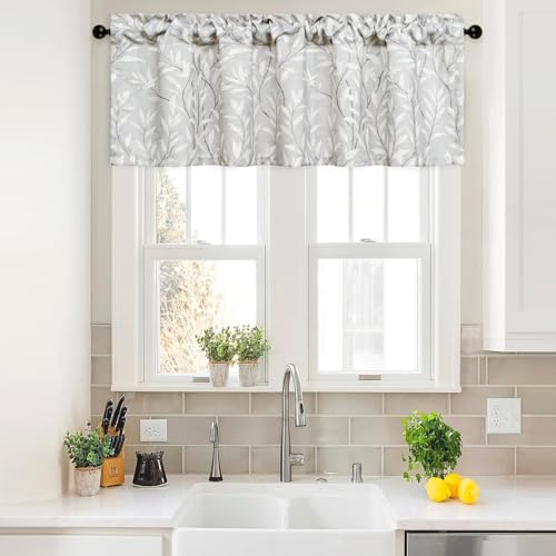 VOGOL Country Style Curtains Valance, Linen Textured Light Filtering Valances for Small Windows, Leaf Pattern Wrinkle Free Curtain Panels for Bedroom, 60Wx18L, 1 Panel, Grey