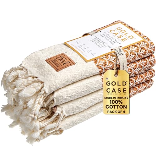 GOLD CASE Helen by - Set of 4 Turkish Hand Towels - 20x40 100% Cotton Decorative Towel - Bathroom and Kitchen Peshtemal for Hand, Face, Hair, SPA, Yoga, Gym, Tea and Dishcloth, Orange