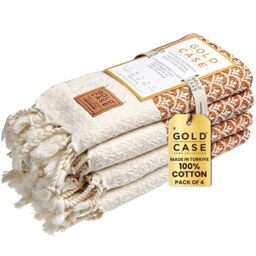 GOLD CASE Helen by - Set of 4 Turkish Hand Towels - 20x40 100% Cotton Decorative Towel - Bathroom and Kitchen Peshtemal for Hand, Face, Hair, SPA, Yoga, Gym, Tea and Dishcloth, Orange