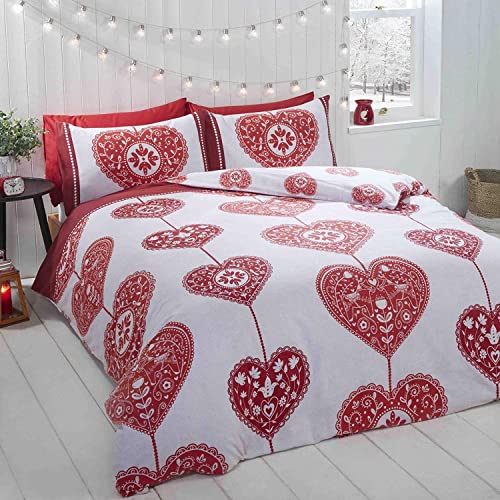 Rapport Hearts Christmas Scandi Duvet Cover Set, 100% brushed cotton Red, Double