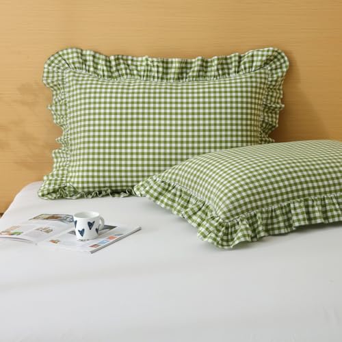 "Silnuo Green/White Plaid Ruffled Queen Size Pillow Shams Set of 2,Washed Cotton Shabby Checkered Gingham Farmhouse Bed Pillow Covers 20""x30"""